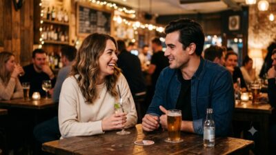 A smiling couple enjoying a fun conversation and laughing together at a cozy bar table.