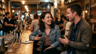 A man delivering smooth pickup lines to a smiling woman at a dimly lit wooden bar counter.