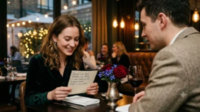 A smiling woman reading a roses are red violets are blue pick up line note at a romantic restaurant table.