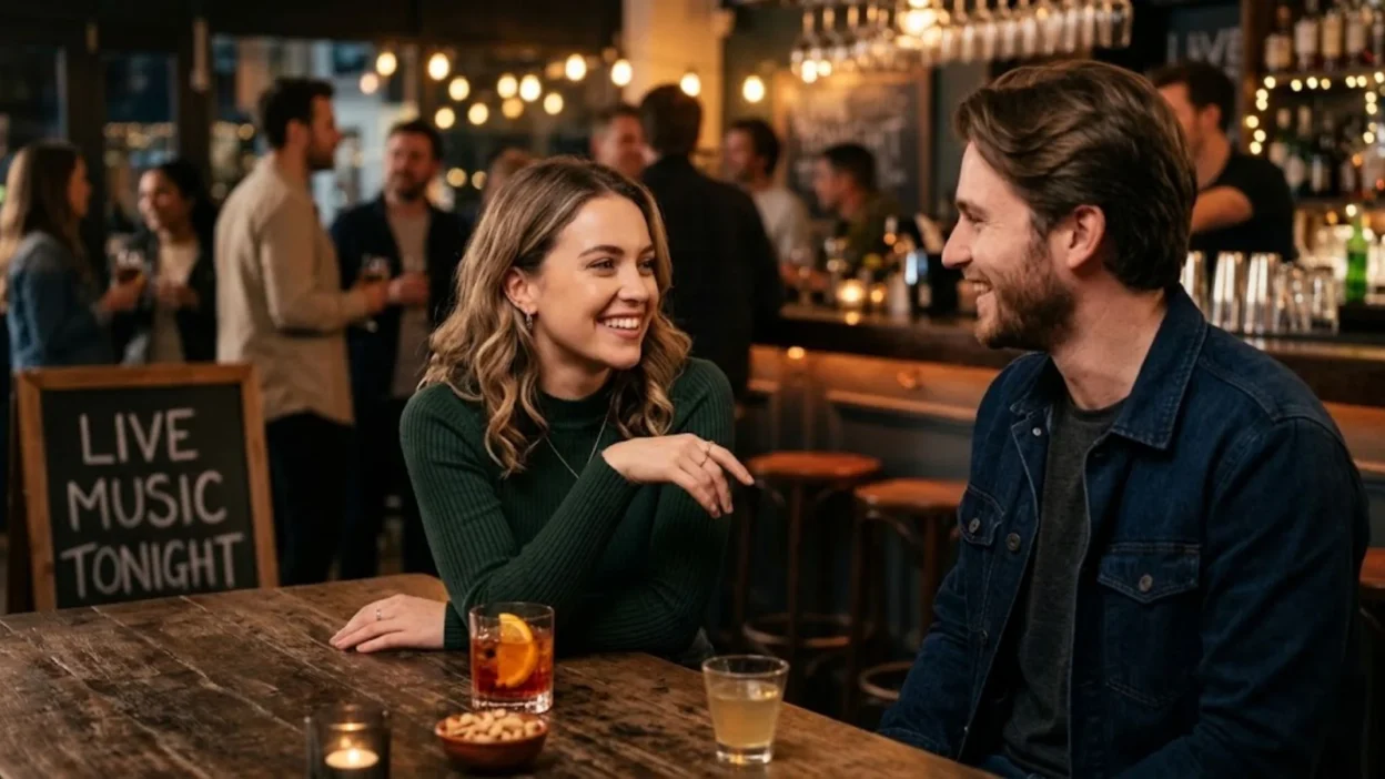Smiling woman talking and flirting with a man across a wooden table in a busy bar