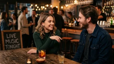 Smiling woman talking and flirting with a man across a wooden table in a busy bar