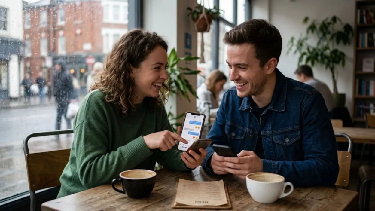 Happy couple smiling and looking at text messages on a smartphone inside a cozy cafe.