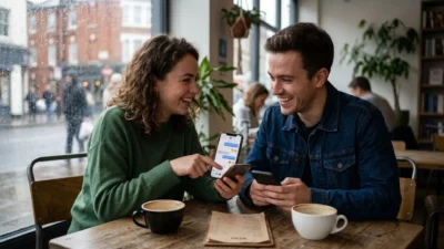 Happy couple smiling and looking at text messages on a smartphone inside a cozy cafe.