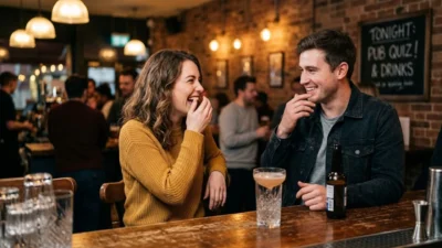A smiling man and laughing woman sharing drinks and bad pickup lines at a warm pub bar.