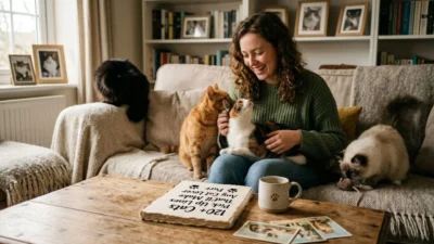 Smiling woman on a cozy couch cuddling multiple cats near a notebook showing cats pick up lines