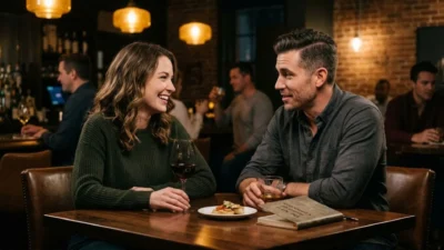 Smiling woman and attentive man sharing playful glances over drinks and appetizers at a cozy dimly lit bar