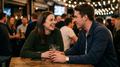 A smiling man and woman sharing a laugh over beers at a rustic pub table.