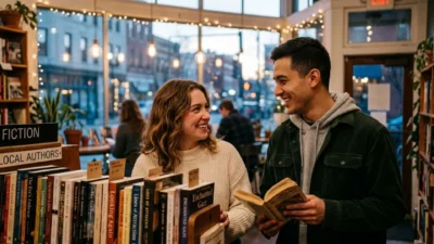 Smiling man and woman making eye contact across a bookshelf in a cozy warmly lit bookstore