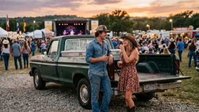 Smiling young couple talking by the tailgate of an old green pickup truck during an outdoor country music concert.