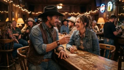 Cowboy in a hat talking and laughing with a woman at a rustic wooden bar counter.