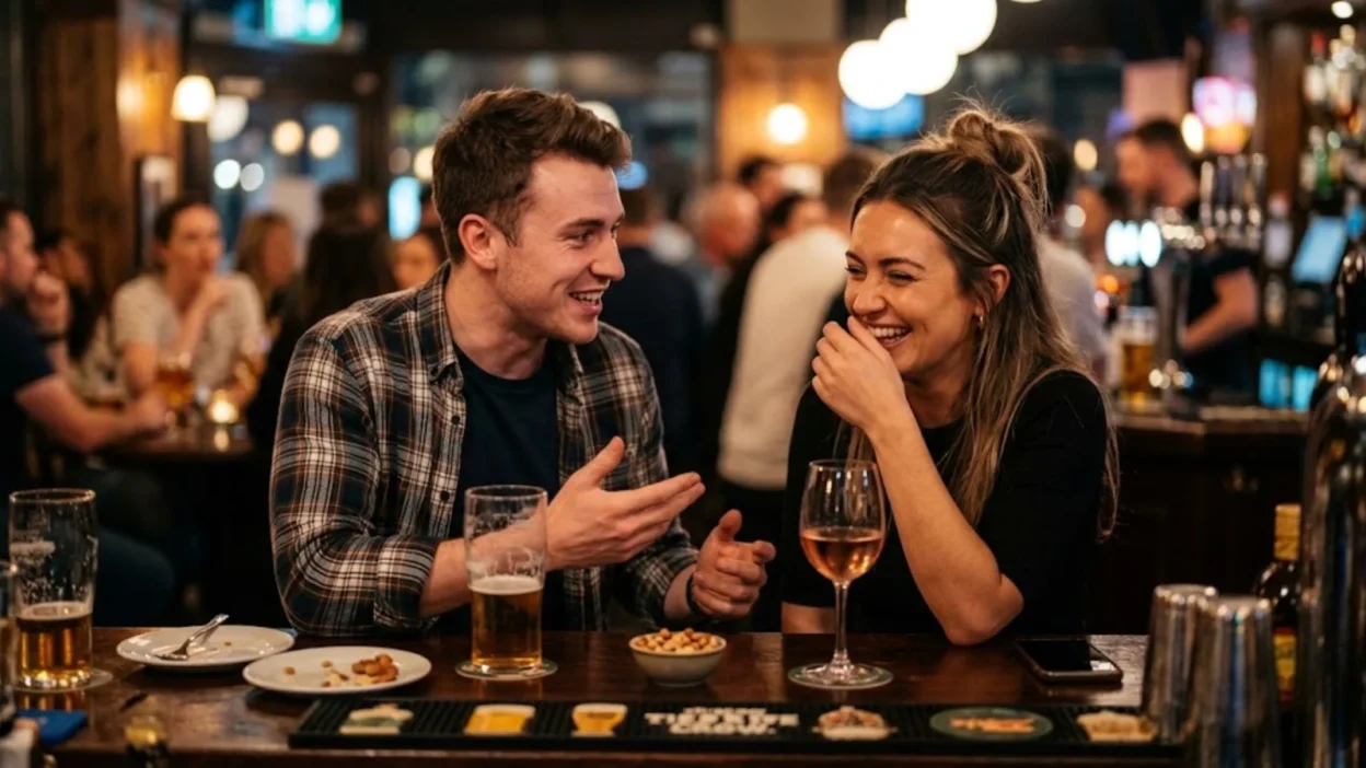 Young man telling funny pick-up lines to a laughing woman at a cozy pub bar counter.