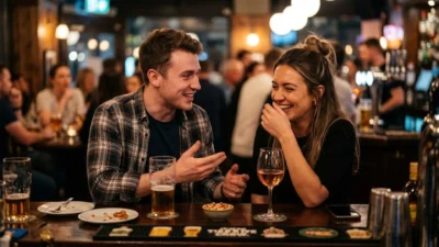 Young man telling funny pick-up lines to a laughing woman at a cozy pub bar counter.