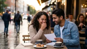 Happy couple smiling and laughing together over a handwritten note at an outdoor cafe table