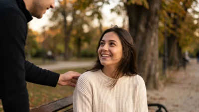 Young woman smiling warmly on a park bench as a man gently touches her shoulder outdoors