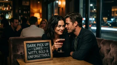 Man whispering to a smiling woman holding a cocktail beside a chalkboard sign in a moody bar