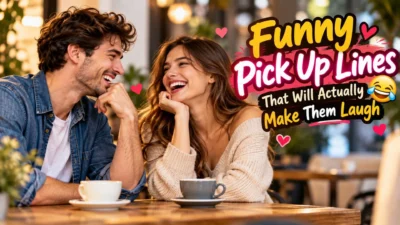 Funny pick up lines that make them laugh, featuring a smiling couple enjoying coffee together in a cozy café.