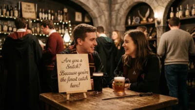 Couple smiling in a cozy magic pub with butterbeer and a playful Harry Potter pick up line on display