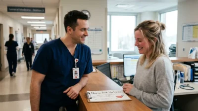 Male nurse in blue scrubs smiling at a woman across the nurses station counter