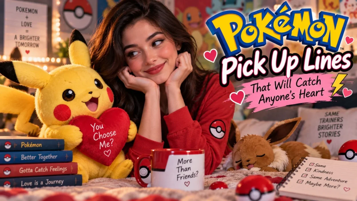 Pokemon pick up lines cover featuring Pikachu, Eevee, hearts, and a smiling woman in a cozy romantic setting