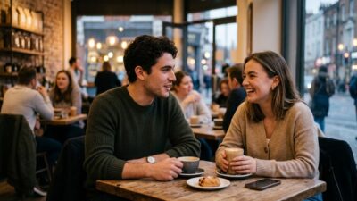 Smiling young woman talking to a man over coffee at a warm cafe table