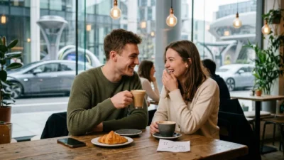 Smiling young couple sharing coffee and laughter at a wooden table in a city cafe