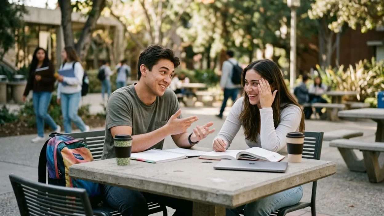 Two college students laughing together at an outdoor campus table with books and coffee cups