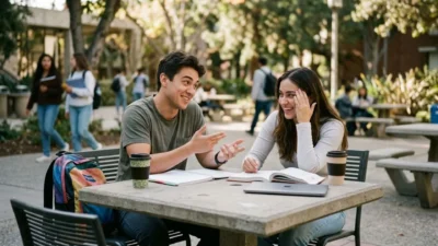 Two college students laughing together at an outdoor campus table with books and coffee cups