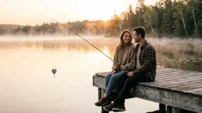 Couple smiling together while fishing from a rustic wooden dock on a misty lake at sunrise.