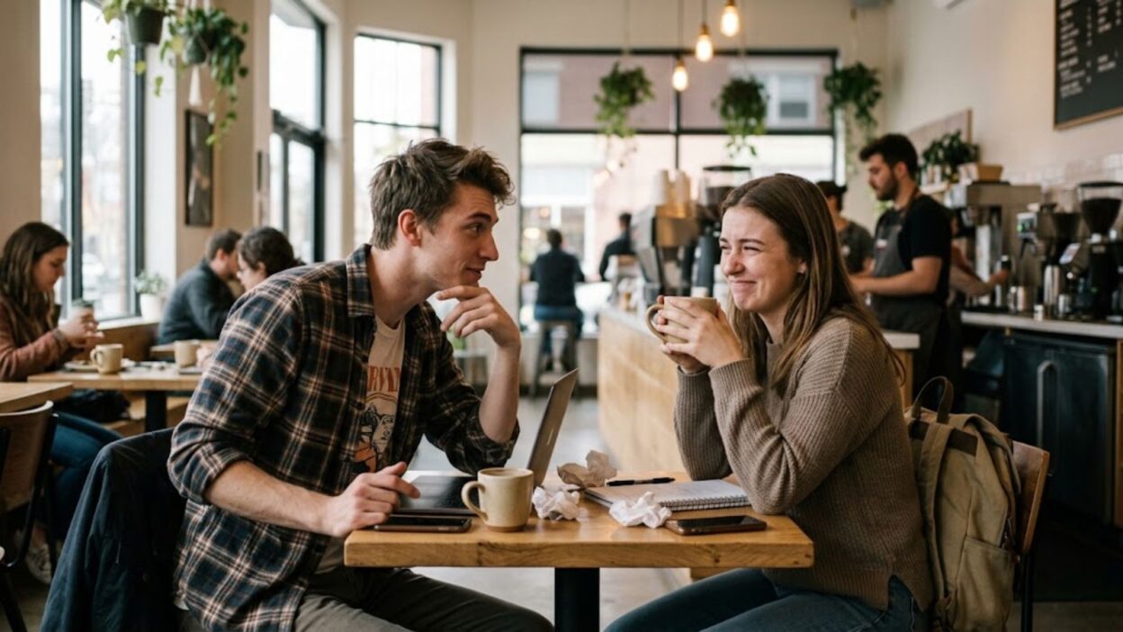 Man trying cheesy rizz lines on a woman holding coffee and cringing at a cafe table