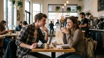 Man trying cheesy rizz lines on a woman holding coffee and cringing at a cafe table