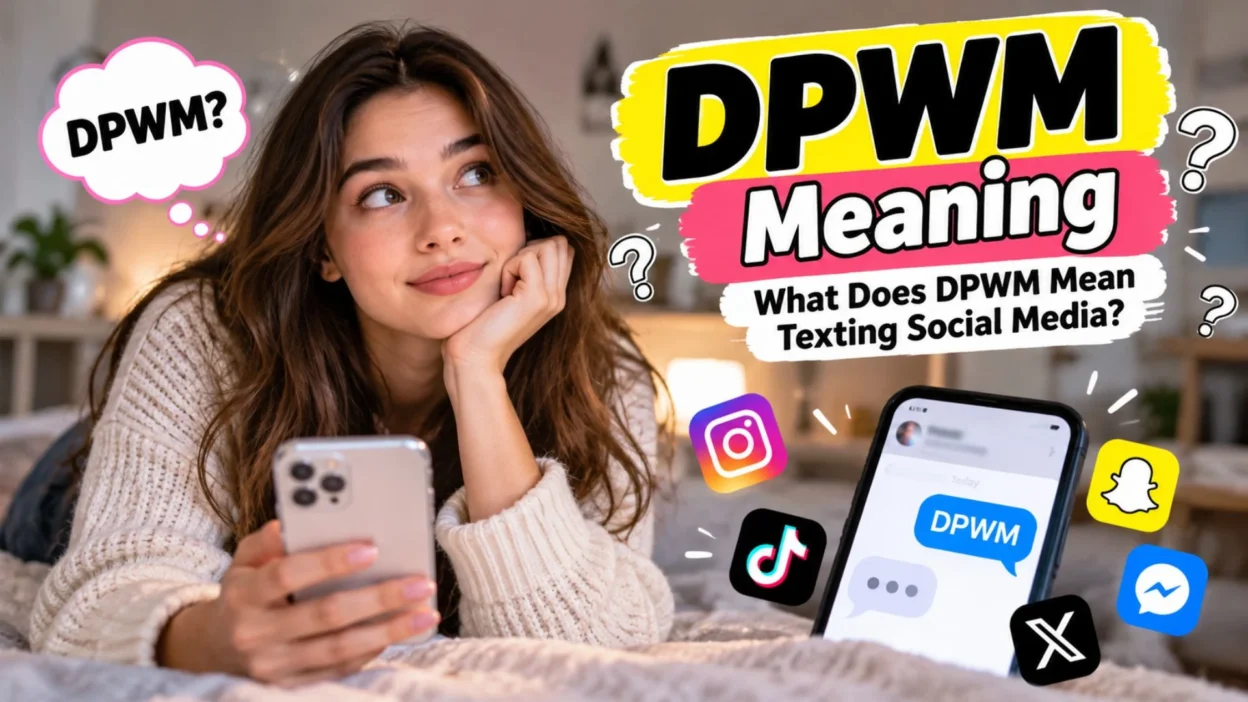: DPWM meaning in texting and social media, featuring a woman holding a smartphone with messaging icons.
