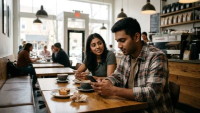 Young man and woman checking their smartphones while sitting together at a wooden table in a bright cafe