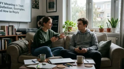 Two friends sit on a cozy couch talking over smartphone texts near a screen showing IFY meaning