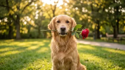 Golden retriever sitting on green grass holding a fresh red rose in mouth at sunset