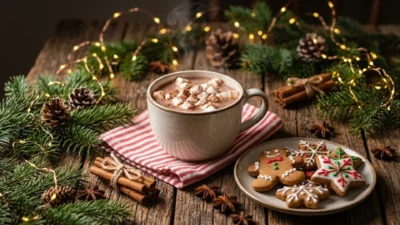 Hot chocolate with marshmallows beside decorated gingerbread cookies and pine cones on a wooden table.