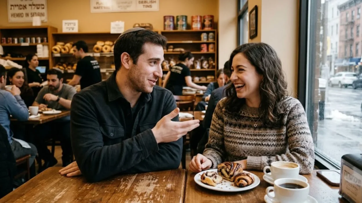 Jewish man and woman laughing over coffee and babka pastry in a bakery