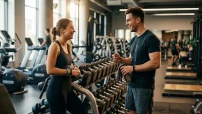 Man and woman chatting and smiling near dumbbell racks in a bright modern fitness center