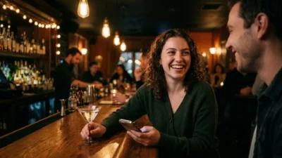 Smiling young woman with a drink laughing with a man across a warm wooden bar counter