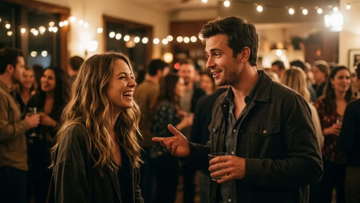 Man sharing a funny conversation with a laughing woman under string lights at a busy party
