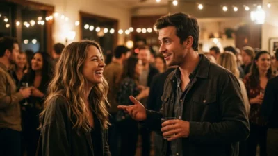 Man sharing a funny conversation with a laughing woman under string lights at a busy party