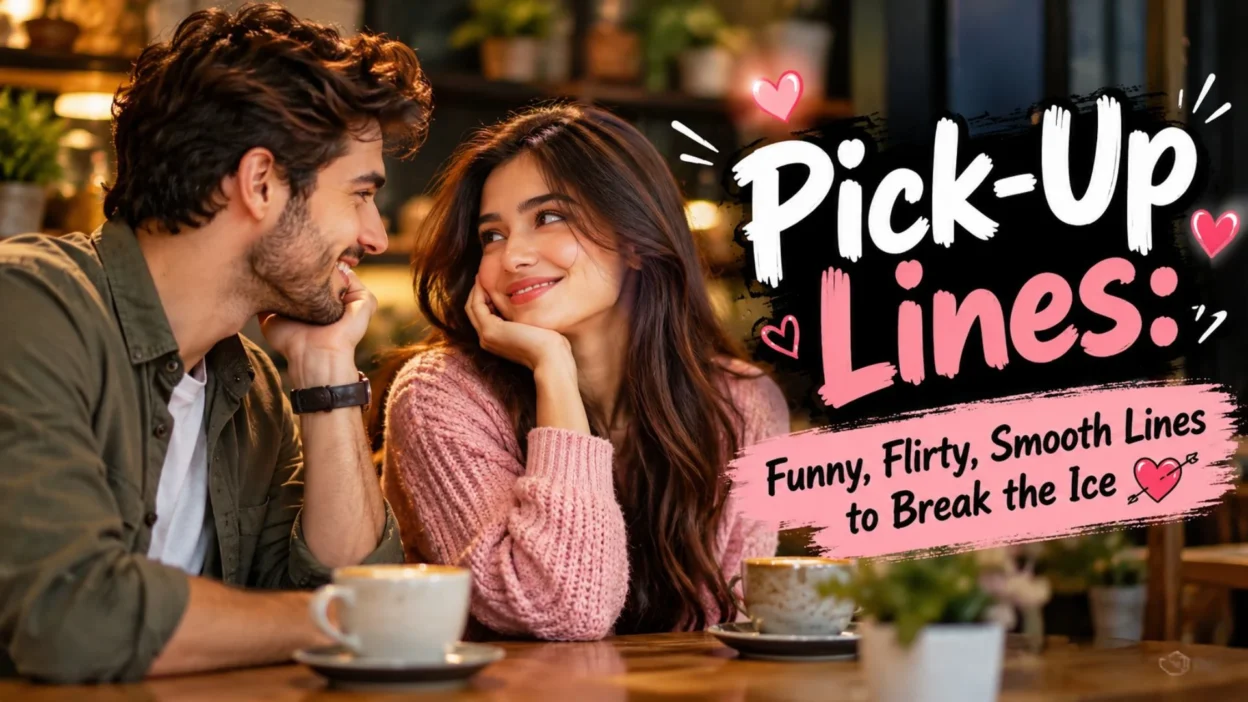 : Pick-up lines featuring a smiling couple flirting over coffee in a cozy café with romantic pink heart designs.