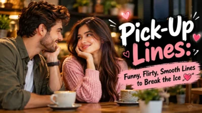 : Pick-up lines featuring a smiling couple flirting over coffee in a cozy café with romantic pink heart designs.