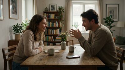 Happy couple laughing together over warm coffee at a wooden dining table
