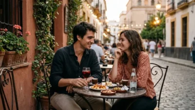 Smiling young couple sharing drinks and tapas at an outdoor Spanish street cafe table
