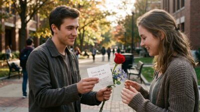 Young man giving a handwritten poem note and flowers to a smiling woman on a campus walkway.