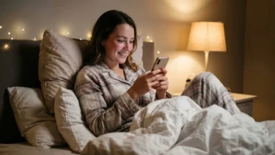 Smiling woman in flannel pajamas resting in bed looking at her smartphone illuminated by soft ambient lighting