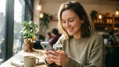 Smiling young woman holding a smartphone and reading a chat message at a sunlit cafe table