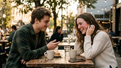 Young man flirting with a smiling, blushing woman sitting at an outdoor wooden cafe table during sunset