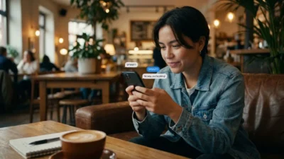 Young woman in a cozy coffee shop smiling while texting SPWM on her smartphone