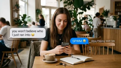 Young woman smiling at smartphone screen showing SPWM text message in bright cafe